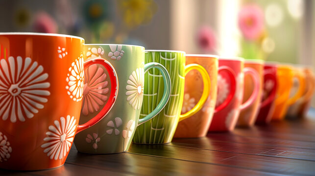 Design an eyecatching graphic featuring a series of cups, each uniquely representing a different season through its color palette and patterns Capture the essence of spring, summer, autumn