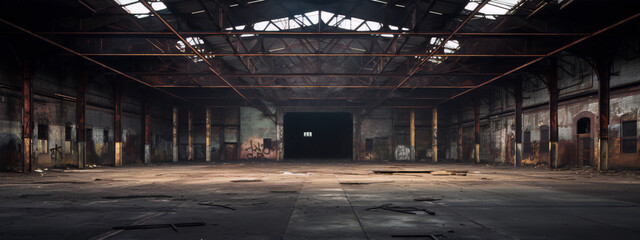 Industrial building interior, rusty metal structure, brick walls, and a large open space with a high ceiling. - obrazy, fototapety, plakaty
