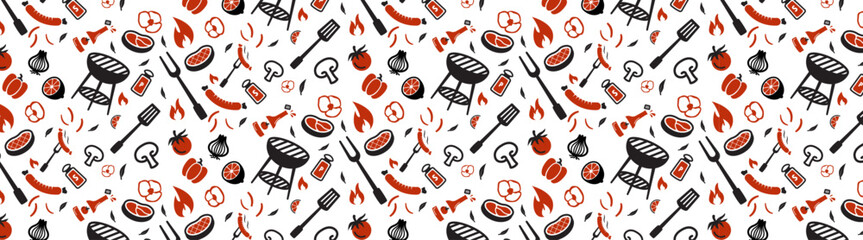 barbeque icon seamless pattern background, barbecue wallpaper, bbq cute repeat retro style - obrazy, fototapety, plakaty
