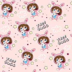 Cartoon anime girls and bunnies on a pink background isolated seamless pattern. Anime Vector illustration print for kids. Funny rabbits - 767132330