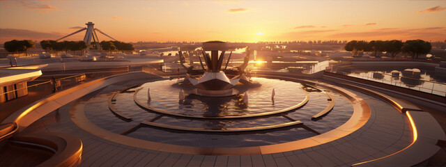 Futuristic city fountain at sunset with a golden glow, 3d illustration - obrazy, fototapety, plakaty