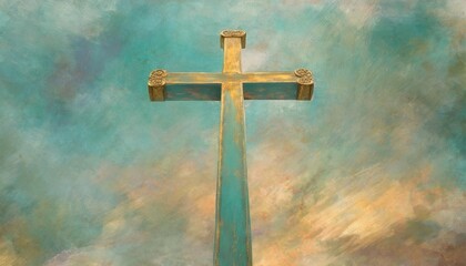 cross painting in tones of teal art with roughly painted effect background with copy space ready for text scripture worship lyrics quote