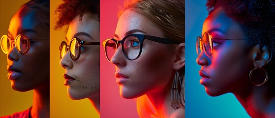 Obraz premium 4 businesswomen with diverse ethnic backgrounds wearing glasses