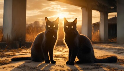 anime background 2 black cats in abandoned place