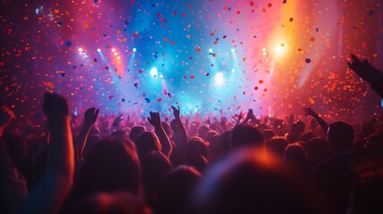 Cheering audience at a rock concert with vibrant stage lights and falling confetti