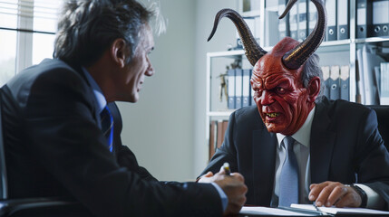 A business executive meeting with Satan in a corporate office