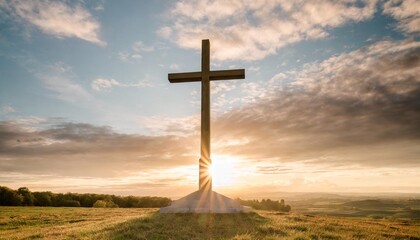 the cross of god in the rays of the sunset background