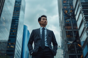Asian businessman confidently posing in the middle of skyscrapers - obrazy, fototapety, plakaty
