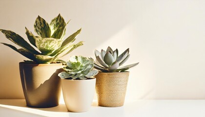 three houseplants in pots isolated against a white background with copy space plants include a sansevieria peperomia and a succulent