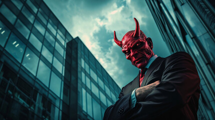 A creative representation of the devils influence in a high-powered business environment - obrazy, fototapety, plakaty