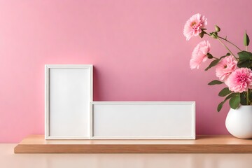 mock-up of a blank photo frame with pink flowers on a wooden shelf