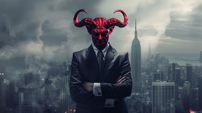 A creative representation of the devils influence in a high-powered business environment