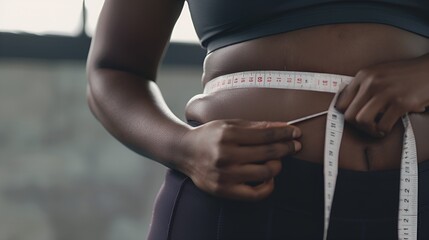 A black, slightly overweight woman measuring her waist with a measuring tape - obrazy, fototapety, plakaty