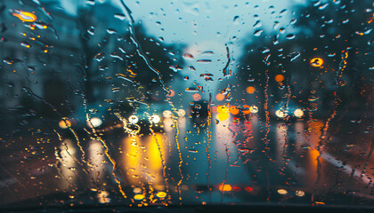 Rain drops on the windshield. in the atmosphere of the road in the rain