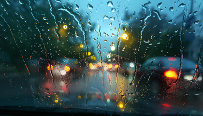Rain drops on the windshield. in the atmosphere of the road in the rain