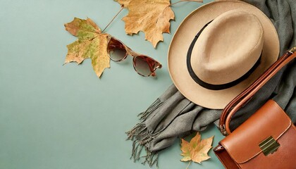 elevate your style quotient with chic fall accessories top view arrangement of beige hat leather bag grey scarf stylish eyewear dry maple leaves on pastel green background with promo area - obrazy, fototapety, plakaty