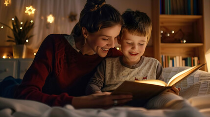 A mother reading a bedtime story book to her child at night.Reading for helps kids' brain development concept. - obrazy, fototapety, plakaty