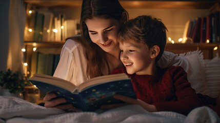 Mother and child happily reading a bedtime story book together at night.Reading for helps kids' brain development concept. © Emmy Ljs