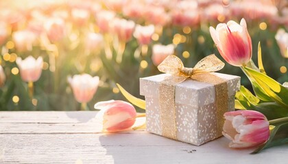 Obraz na płótnie Canvas mothers day and easter holiday concept on white rustic background with a decorated gift box and pink tulips