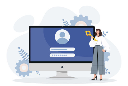 Woman with login and password. Authorization and authentication. Protection of personal data and information on internet. User enter to account or profile. Cartoon flat vector illustration