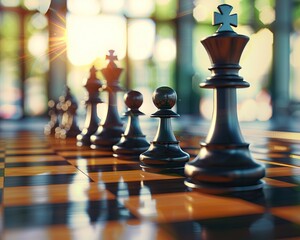 3D Corporate Chess battlefield, highlighting strategic maneuvers in the business world , 3D render - obrazy, fototapety, plakaty