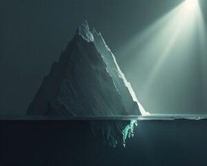3D financial iceberg adrift in a sea of uncertainty, its tip glowing under a spotlight to represent the focus on immediate economic indicators versus the unseen bulk of future potentials , 3D render - obrazy, fototapety, plakaty