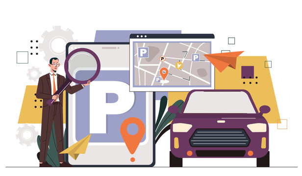 Man looking for parking. Young guy with magnifying glass near automobile. Businessman with parking lot. Navigation and geolocation. Cartoon flat vector illustration isolated on white background
