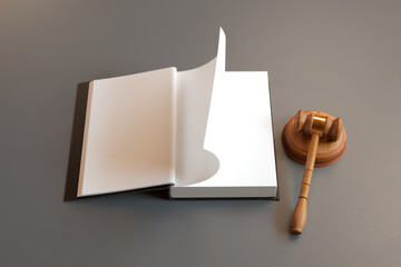 Open Blank Book and Wooden Gavel on Gray Table - Legal and Educational Concept - obrazy, fototapety, plakaty