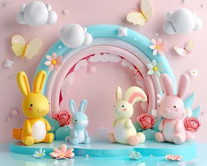 Raamstickers 3D pastel fantasy scene, whimsical animals frolicking in a dreamy landscape ,3D render © Phawika