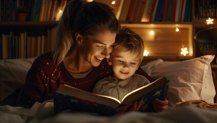 Happy mom listening to her toddler son holding bedtime story book learning reading in bed at night.Reading for helps kids' brain development concept. © Emmy Ljs