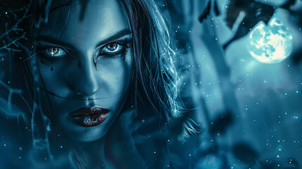 A stunning woman with hypnotic eyes and pointed fangs set against a moonlit forest background