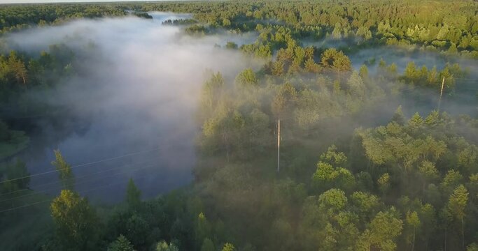 A foggy river flowing through a forested landscape viewed from above