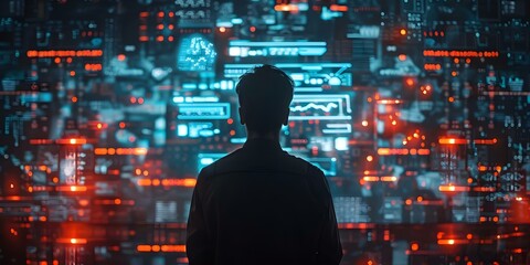 A programmer stands in front of a digital interface working to fix a bug or error. Concept Programming, Bug Fixing, Digital Interface, Programmer, Technology - obrazy, fototapety, plakaty
