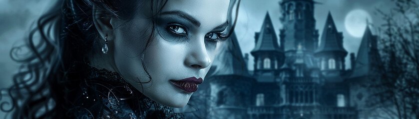 An elegant vampire lady with a seductive smile and gleaming teeth framed by a gothic castle backdrop - obrazy, fototapety, plakaty
