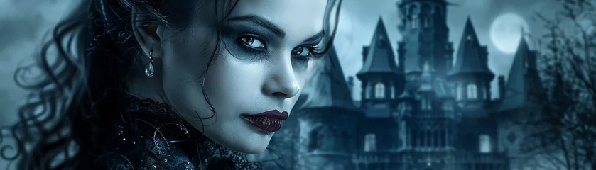 Selbstklebende Fototapeten An elegant vampire lady with a seductive smile and gleaming teeth framed by a gothic castle backdrop © Bordinthorn