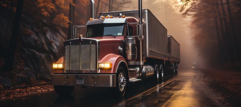 a trailer truck carrying a substantial stack of wooden logs, with the focus on the impressive load secured on the vehicle