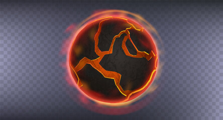 Ball sphere split on the surface, hot lava fire smoke and fog. 3D render of realistic material. Decoration elements and templates for modeling. Vector illustration abstract designs ball shapes