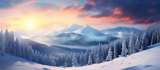 A picturesque natural landscape of snowy mountains and trees with a colorful sunset sky, creating a tranquil atmosphere in the world