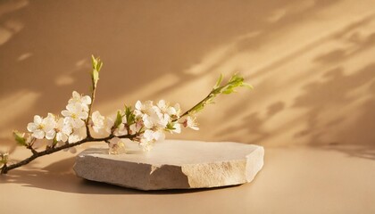 Fototapeta na wymiar minimal concrete background for branding and packaging presentation textured stone on beige background with blossom branch