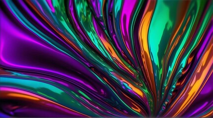 Modern bright neon purple, green, orange colored metallic psychedelic optimistic holographic foil texture. Abstract holographic background 80s, 90s, 2000s style. psychedelic retro futurism panorama.

 - obrazy, fototapety, plakaty