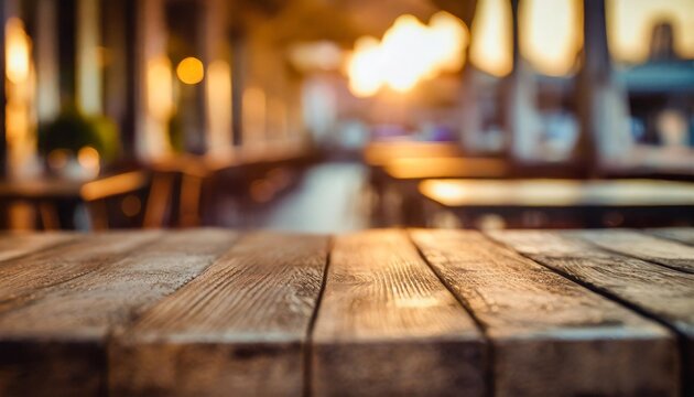 close up of an empty wooden table with a blurred background of a restaurant