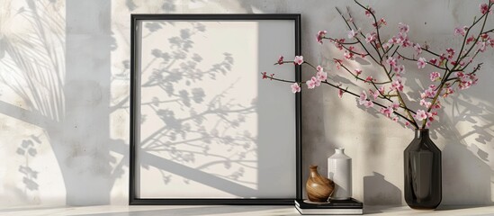 Decor elements in a home interior featuring a mockup with a black frame and spring flowers in a vase on a light backdrop.