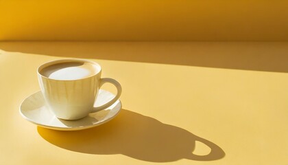 yellow background with sunlit white coffee cup featuring milk pattern in minimalist style