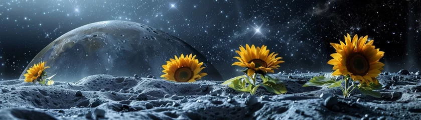 Fotobehang The serene beauty of sunflowers on the moon captured in an editorial style © Samaphon
