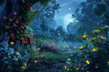 Fototapeta na wymiar Whispers of Magic: Illuminated Pathways in the Mystical Forest Night, Bathed in the Glow of the Full Moon
