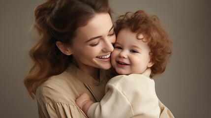 Young Woman Embracing Curly-Haired Boy, Tender Mother-Son Moment