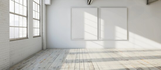 White walls and a painted wooden floor with 2 empty frames displayed as a mock-up.