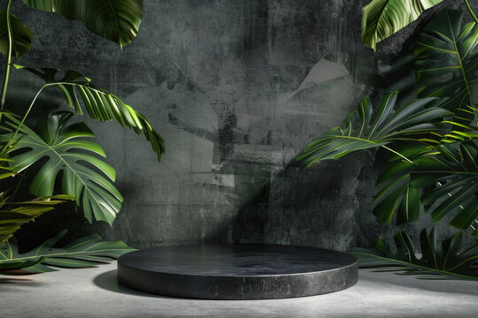 Black stone podium, product display stand with green tropical leaves background