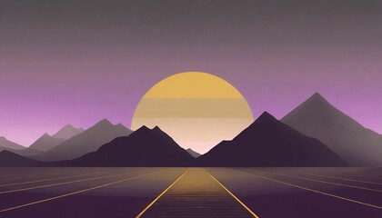 80s style sci fi purple background with sunset behind black and grey mountains futuristic illustration or poster template - obrazy, fototapety, plakaty