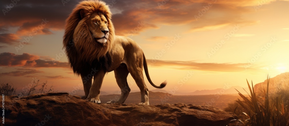 Canvas Prints A Masai lion, a big cat from the Felidae family and a terrestrial carnivore, is perched on a rock at sunset with the sky and clouds in the background